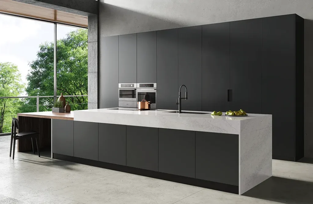 dark grey kitchen cabinets with white quartz countertop