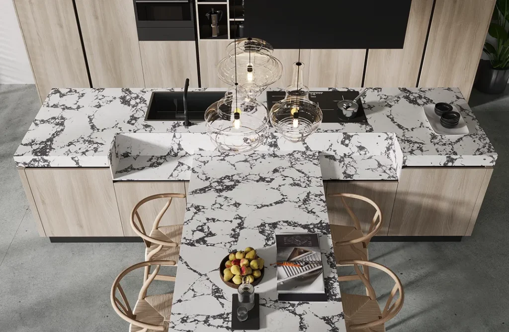 dramatic white quartz countertop with veins